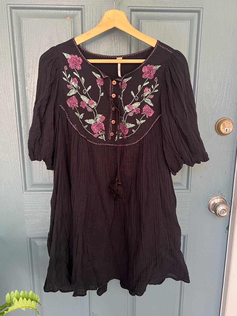 Free People Rosa Linda Black Embroidered Tunic Mini Dress with Tassel Detail